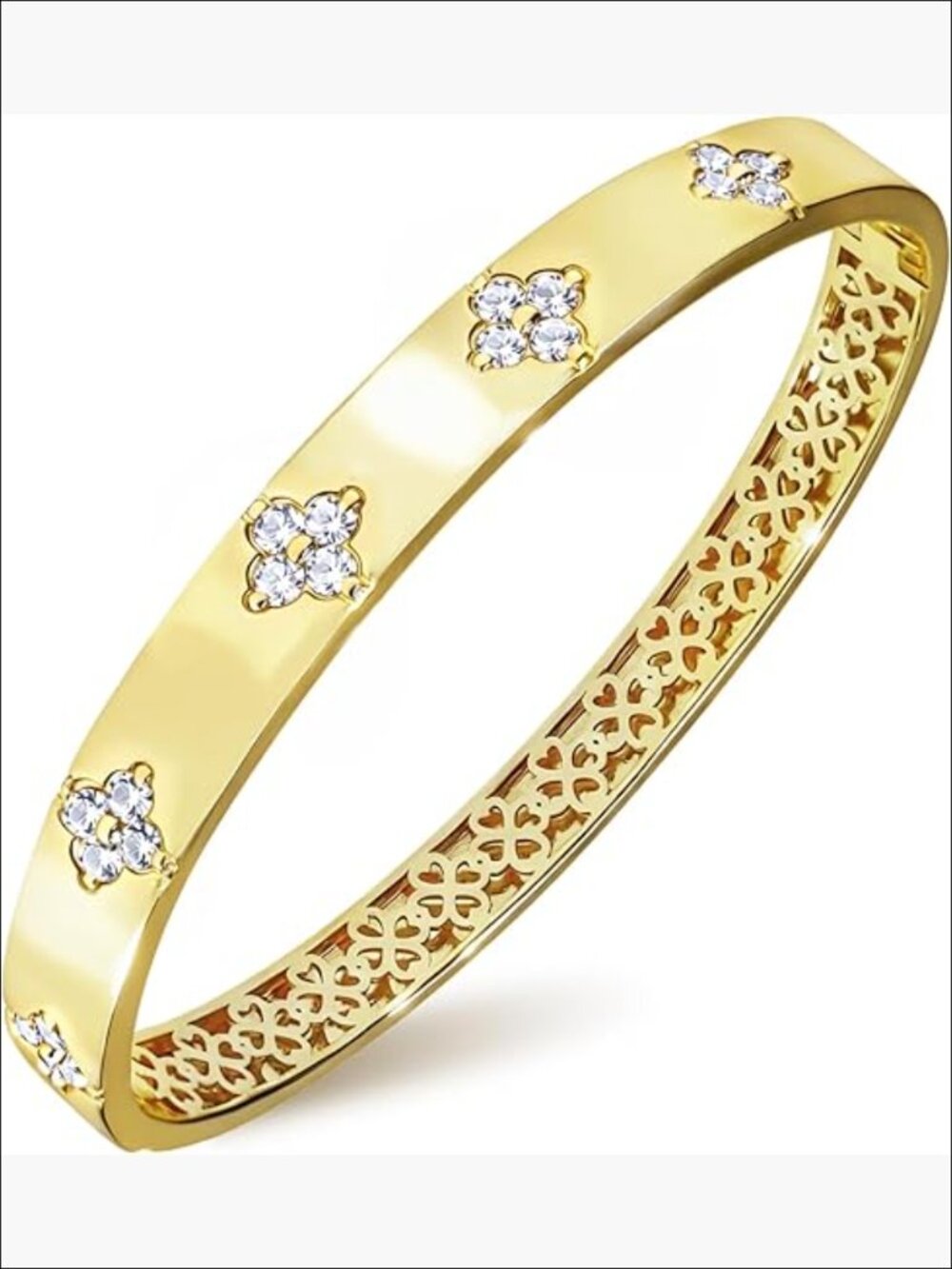 Moissanite Bangle Bracelet, 14K Gold Plated Four Leaf Clover, VVS1 D Color